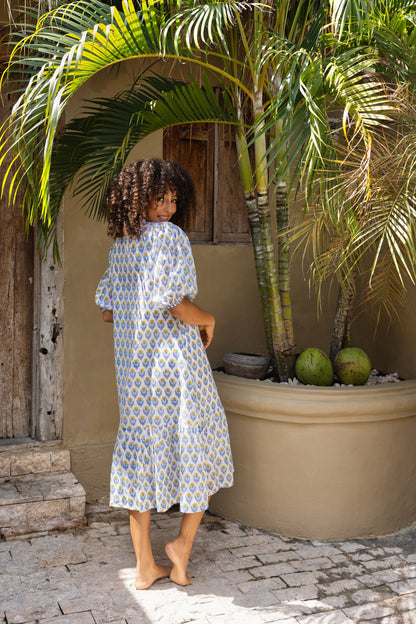 Heather Dress with Sleeves in Blue Yellow