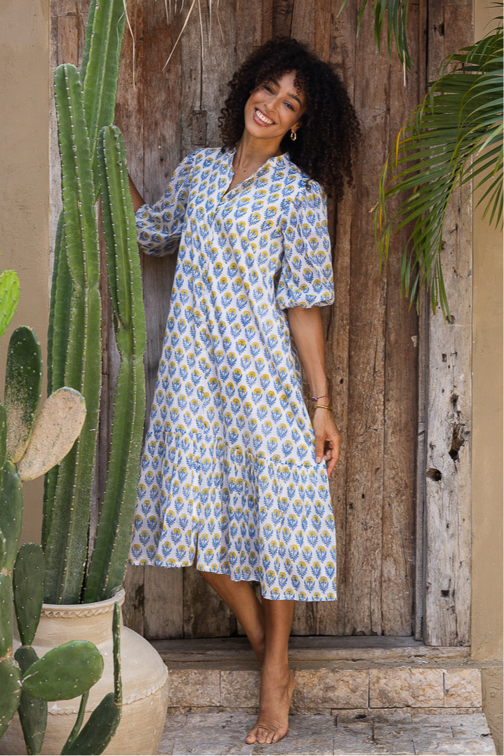 Heather Dress with Sleeves in Blue Yellow