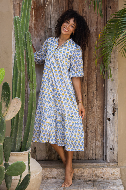 Heather Dress with Sleeves in Blue Yellow