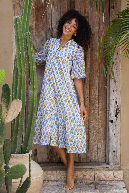 Heather Dress with Sleeves in Blue Yellow