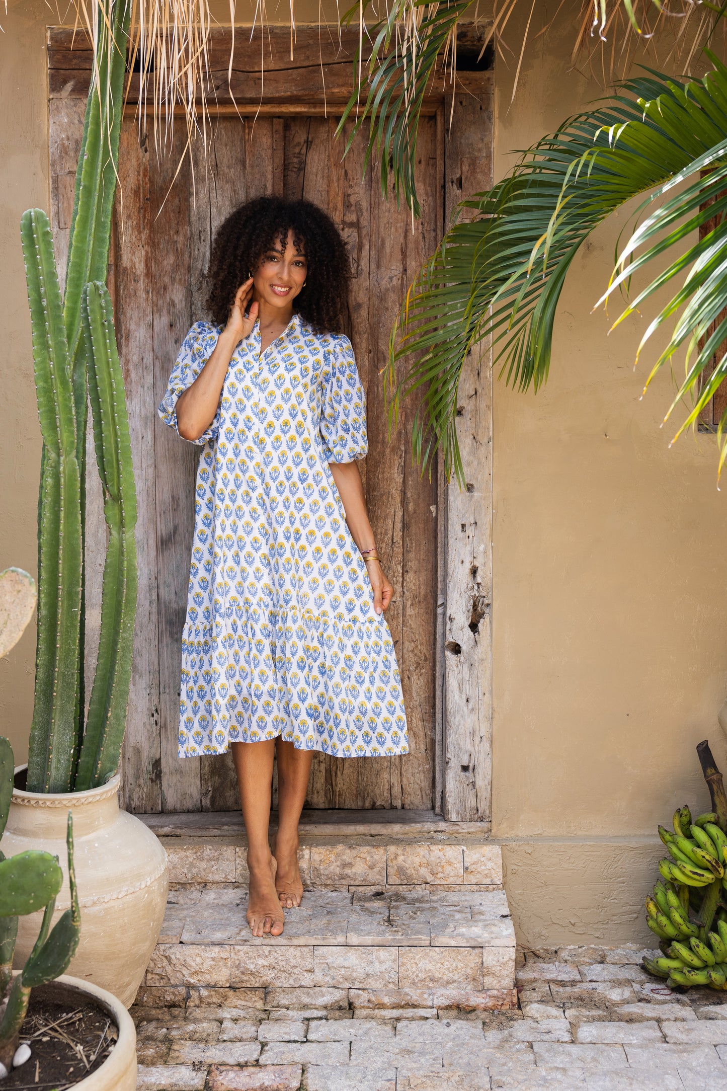 Heather Dress with Sleeves in Blue Yellow
