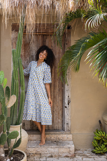 Heather Dress with Sleeves in Blue Yellow