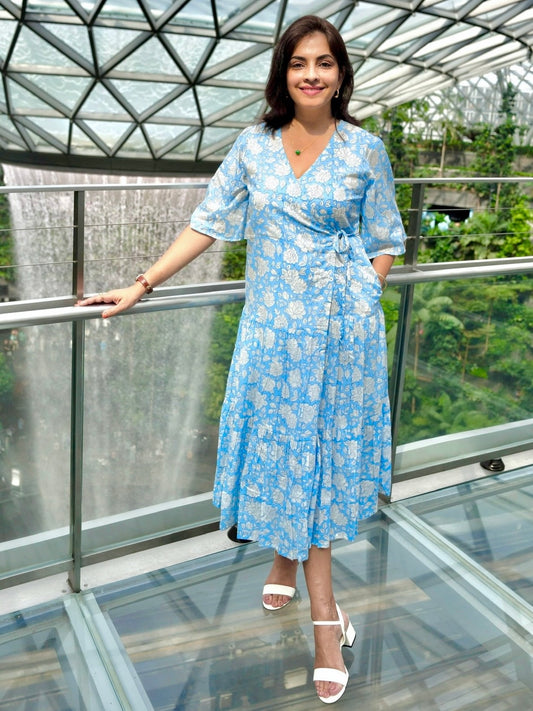 Lilia Wrap Dress in Sky Blue